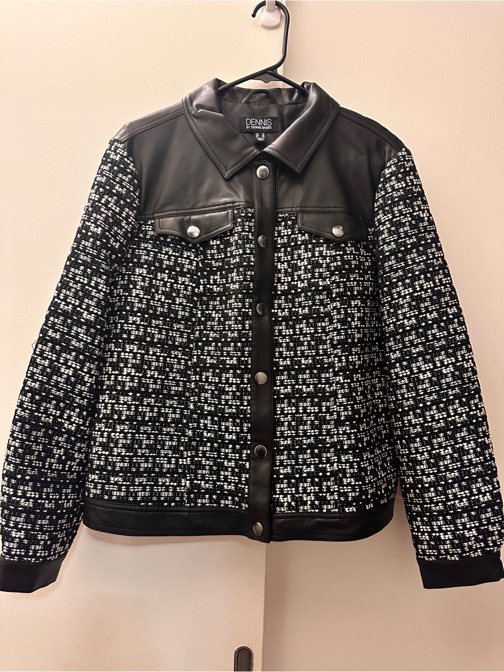 dennis basso Black & White Tweed Jacket with Faux Leather Yoke